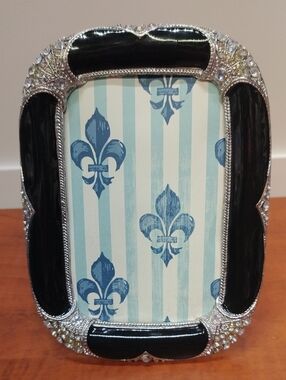 S.K.Elegant Black Enamel Silver Inlays & Rhinestones Picture Frame 4X6" NO GLASS